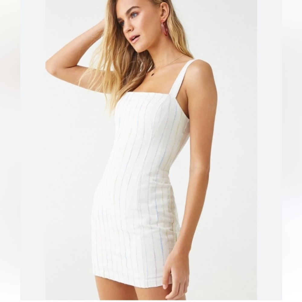 Club Monaco White Striped Square-Neck Mini Dress
